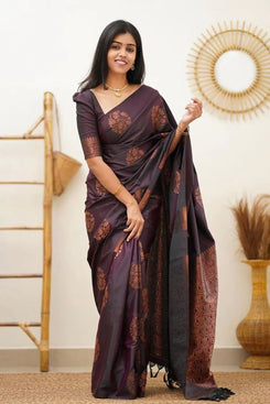 Admyrin Wine Art Silk Traditional Functions Wear Banarasi Saree with Blouse Piece