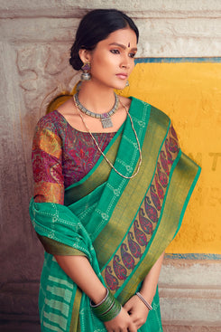 Admyrin Green Cotton Silk Printed Festival Wear Saree with Blouse Piece