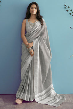 Admyrin Grey Soft Linen Lakhnavi Weaving Work  Festival Wear Saree with Blouse Piece