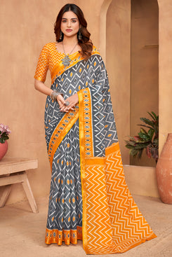 Admyrin Multi Colour Cotton Digitally Printed Functions Wear Saree with Blouse Piece