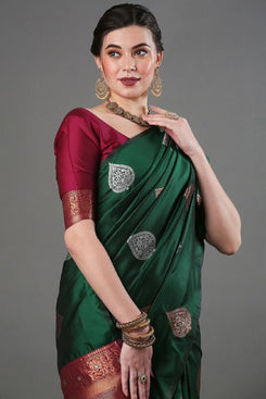 Admyrin Dark Green Banarasi Soft Silk Zari Woven Saree with Contrast Blouse Piece