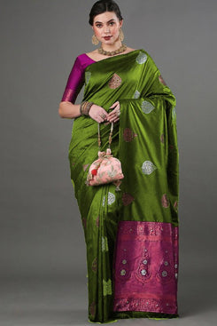 Admyrin Mehendi Green Banarasi Soft Silk Zari Woven Saree with Contrast Blouse Piece