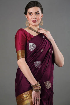 Admyrin Purple Banarasi Soft Silk Zari Woven Saree with Contrast Blouse Piece
