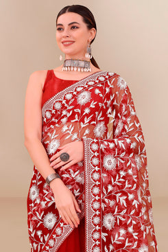 Admyrin Red Soft Net Embroidered Party Wear Saree with Blouse Piece