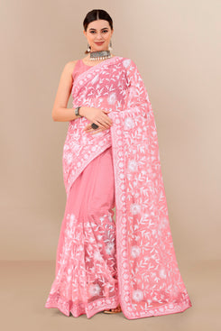 Admyrin Pink Soft Net Embroidered Party Wear Saree with Blouse Piece