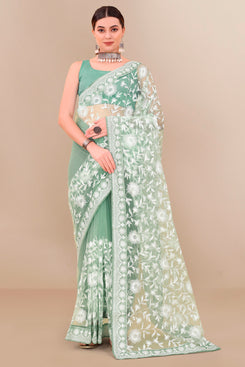 Admyrin Mint Soft Net Embroidered Party Wear Saree with Blouse Piece