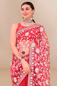 Admyrin Light Red Soft Net Embroidered Party Wear Saree with Blouse Piece