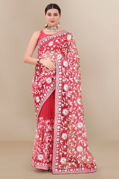 Admyrin Light Red Soft Net Embroidered Party Wear Saree with Blouse Piece