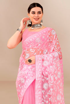 Admyrin Light Pink Soft Net Embroidered Party Wear Saree with Blouse Piece