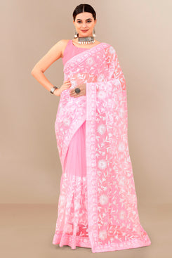 Admyrin Light Pink Soft Net Embroidered Party Wear Saree with Blouse Piece