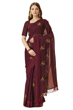 Admyrin Maroon Chiffon Embroidery Butta and Tassel Work Saree with Blouse Piece