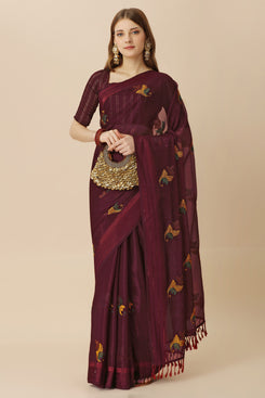 Admyrin Maroon Chiffon Embroidery Butta and Tassel Work Saree with Blouse Piece
