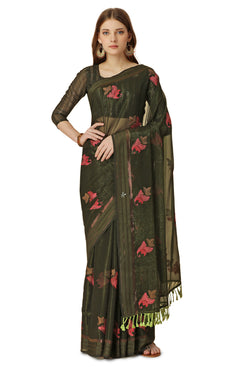 Admyrin Mehendi Green Chiffon Embroidery Butta and Tassel Work Saree with Blouse Piece