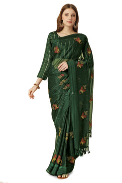 Admyrin Green Chiffon Embroidery Butta and Tassel Work Saree with Blouse Piece