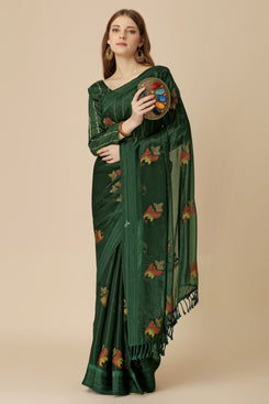 Admyrin Green Chiffon Embroidery Butta and Tassel Work Saree with Blouse Piece