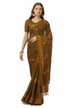 Admyrin Coffee Chiffon Embroidery Butta and Tassel Work Saree with Blouse Piece