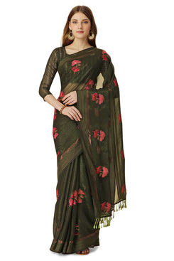 Admyrin Mehendi Green Chiffon Embroidery Butta and Tassel Work Saree with Blouse Piece