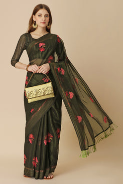 Admyrin Mehendi Green Chiffon Embroidery Butta and Tassel Work Saree with Blouse Piece