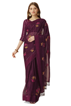 Admyrin Burgundy Chiffon Embroidery Butta and Tassel Work Saree with Blouse Piece
