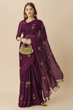 Admyrin Burgundy Chiffon Embroidery Butta and Tassel Work Saree with Blouse Piece