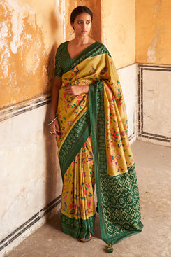 Admyrin Soft Tussar Silk Ikkat Print Saree with Embroidered Blouse Piece