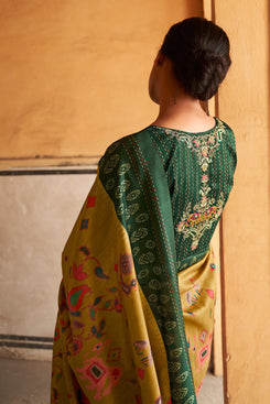 Admyrin Soft Tussar Silk Ikkat Print Saree with Embroidered Blouse Piece