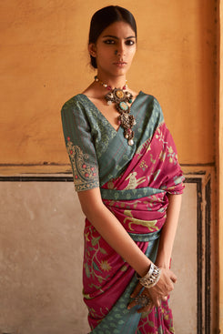 Admyrin Soft Tussar Silk Ikkat Print Saree with Embroidered Blouse Piece
