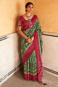 Admyrin Soft Tussar Silk Ikkat Print Saree with Embroidered Blouse Piece