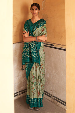 Admyrin Soft Tussar Silk Ikkat Print Saree with Embroidered Blouse Piece