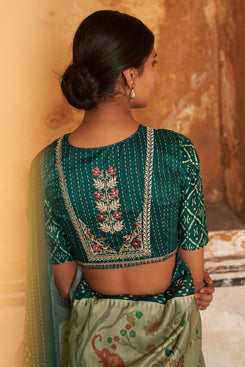 Admyrin Soft Tussar Silk Ikkat Print Saree with Embroidered Blouse Piece
