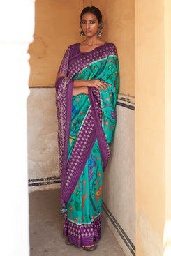 Admyrin Soft Tussar Silk Ikkat Print Saree with Embroidered Blouse Piece