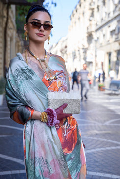 Admyrin Multi Colour Satin Crepe Digital Print Party Wear Saree with Blouse Piece