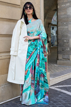 Admyrin Multi Colour Satin Crepe Digital Print Party Wear Saree with Blouse Piece