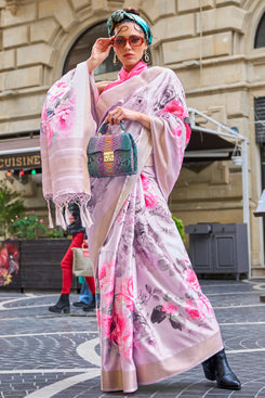 Admyrin Multi Colour Handloom Weaving Silk Gaji Print Party Wear Saree with Blouse Piece