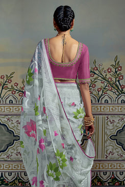Admyrin Soft Organza Brasso Party Wear Saree with Embroidered Blouse Piece