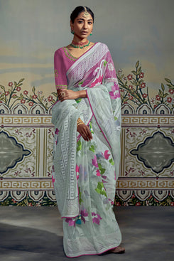 Admyrin Soft Organza Brasso Party Wear Saree with Embroidered Blouse Piece
