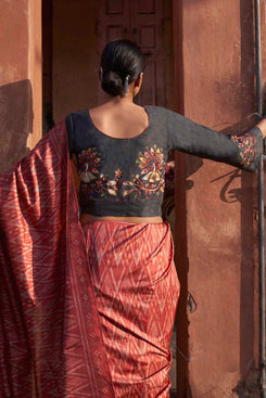 Admyrin Ikkat Jaipuri Printed Festival Wear Saree with Two Blouse Pieces