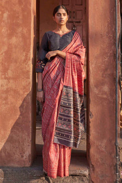 Admyrin Ikkat Jaipuri Printed Festival Wear Saree with Two Blouse Pieces