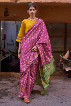 Admyrin Ikkat Jaipuri Printed Festival Wear Saree with Two Blouse Pieces