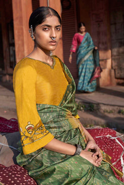 Admyrin Ikkat Jaipuri Printed Festival Wear Saree with Two Blouse Pieces