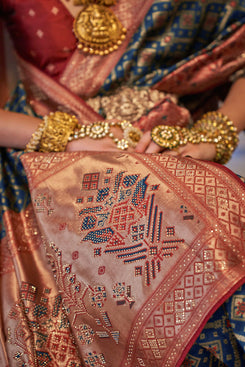 Admyrin Banarasi Silk Jacquard Weaving Swarovski Work Woven Saree with Blouse Piece