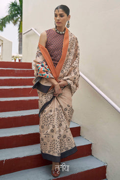 Admyrin Beautiful Mikora Silk Knitted Embroidery Saree with Contrast Blouse Piece