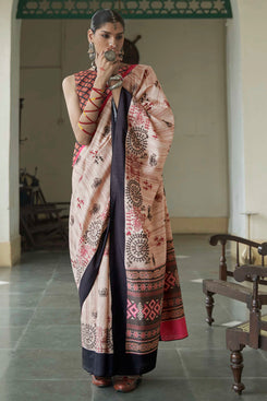 Admyrin Beautiful Mikora Silk Knitted Embroidery Saree with Contrast Blouse Piece