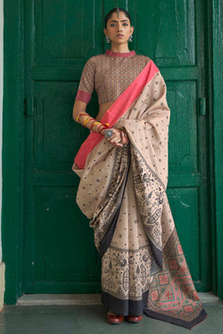 Admyrin Beautiful Mikora Silk Knitted Embroidery Saree with Contrast Blouse Piece
