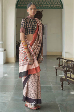 Admyrin Beautiful Mikora Silk Knitted Embroidery Saree with Contrast Blouse Piece