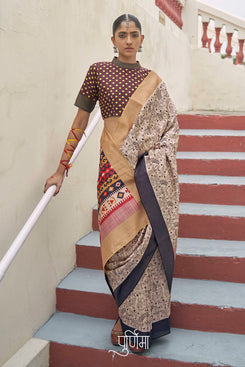 Admyrin Beautiful Mikora Silk Knitted Embroidery Saree with Contrast Blouse Piece