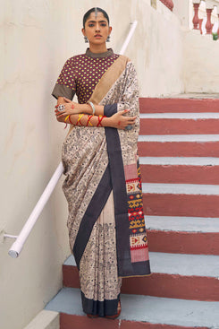 Admyrin Beautiful Mikora Silk Knitted Embroidery Saree with Contrast Blouse Piece