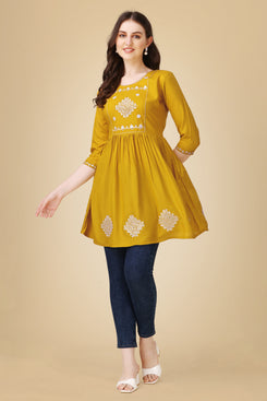 Admyrin Mustard Embroidery and Sequence Work Western Wear Top