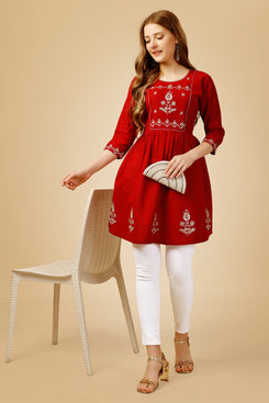 Admyrin Red Embroidery and Sequence Work Western Wear Top