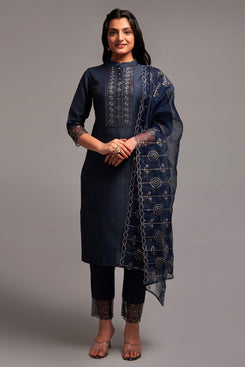 Admyrin Blue Chinon Silk Sequence Embroidered Ready To Wear Kurta with Bottom and Dupatta